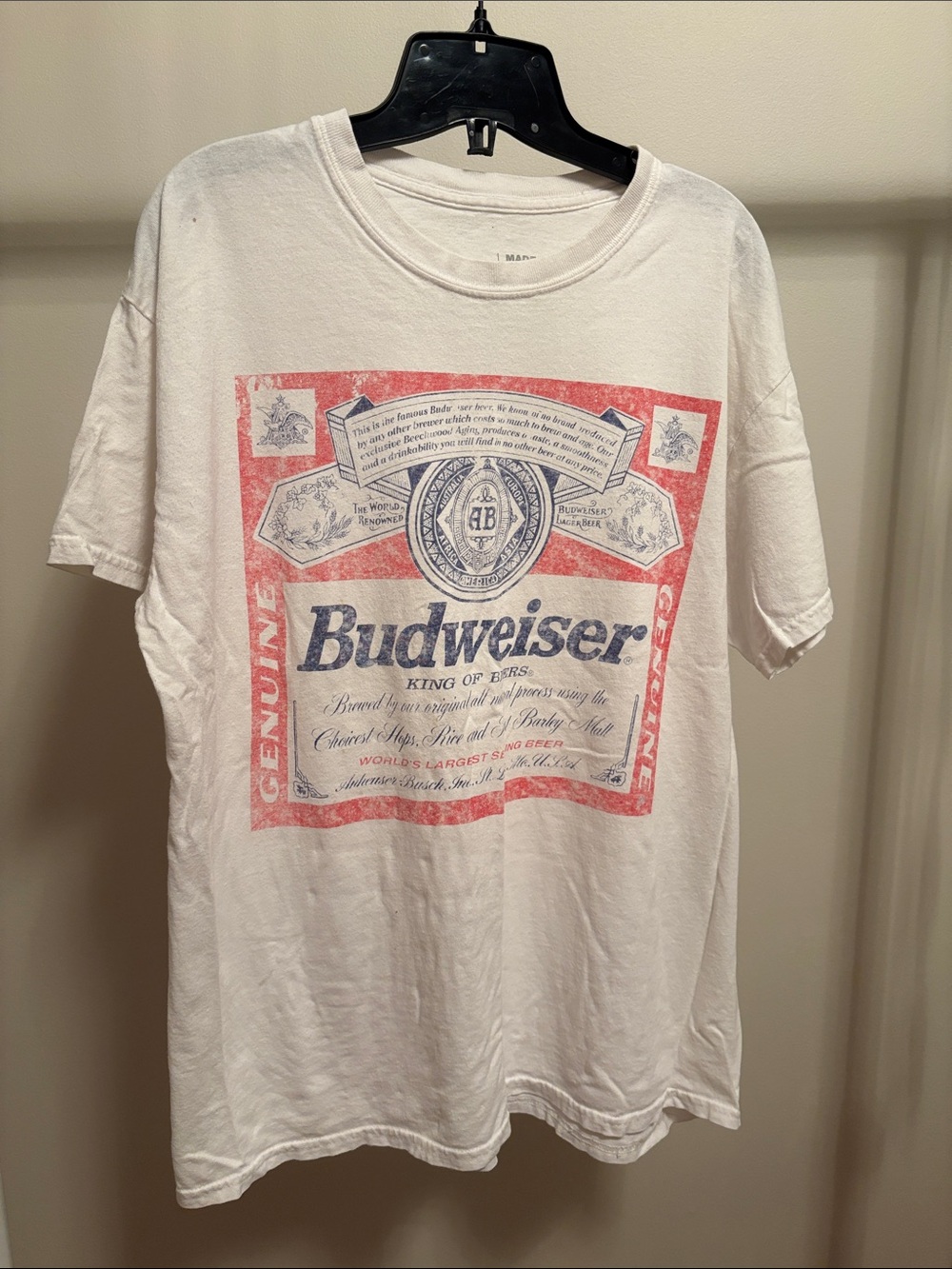 Vintage Budweiser White Short Sleeve Tee with Red and Blue Label Print